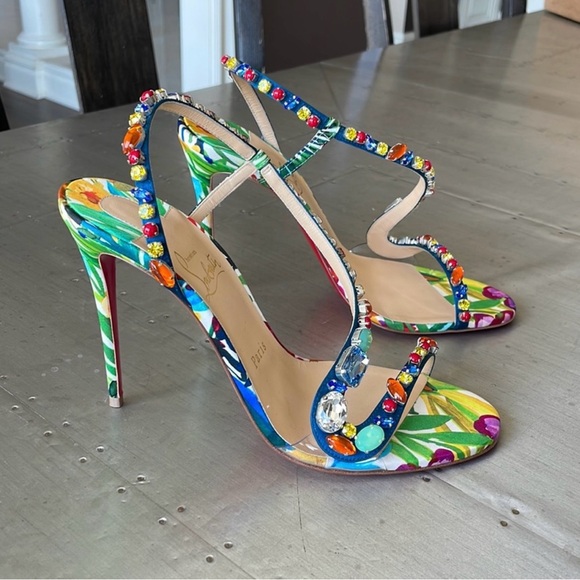 Christian Louboutin Floral Heels with Gems - Picture 1 of 10